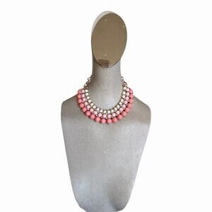 Chunky Pink & Cream Bubble Bib Necklace Multi-Strand Statement Gold Tone Accents